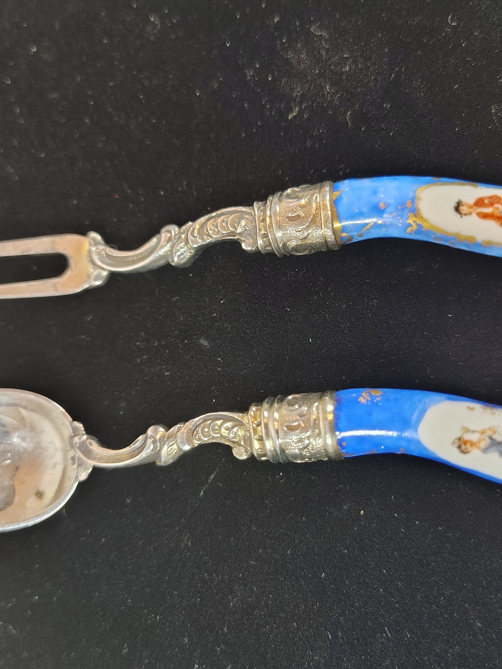 Antique German 800 Silver Porcelain Serving Set Cobalt Blue Victorian C.1900